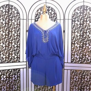 White House Black Market Periwinkle blue Embroidered Kimono Romper size 10, Boho